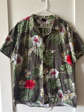 Vintage High Surf Cotton Aloha Hawaiian Shirt Tiki Gray Red Green Floral XL